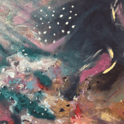 Abstract paint designs on a canvas created during an art processing workshop for self-awareness